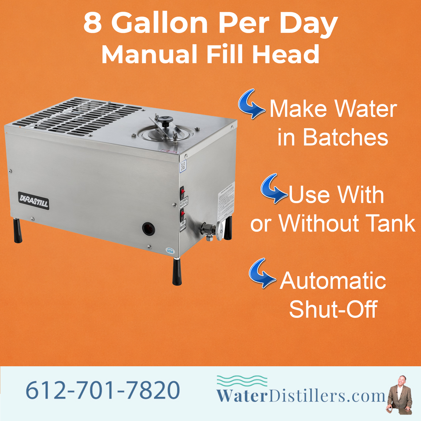 Durastill 30H4 Countertop Distiller – 8 GPD Manual Fill Stainless Steel System
