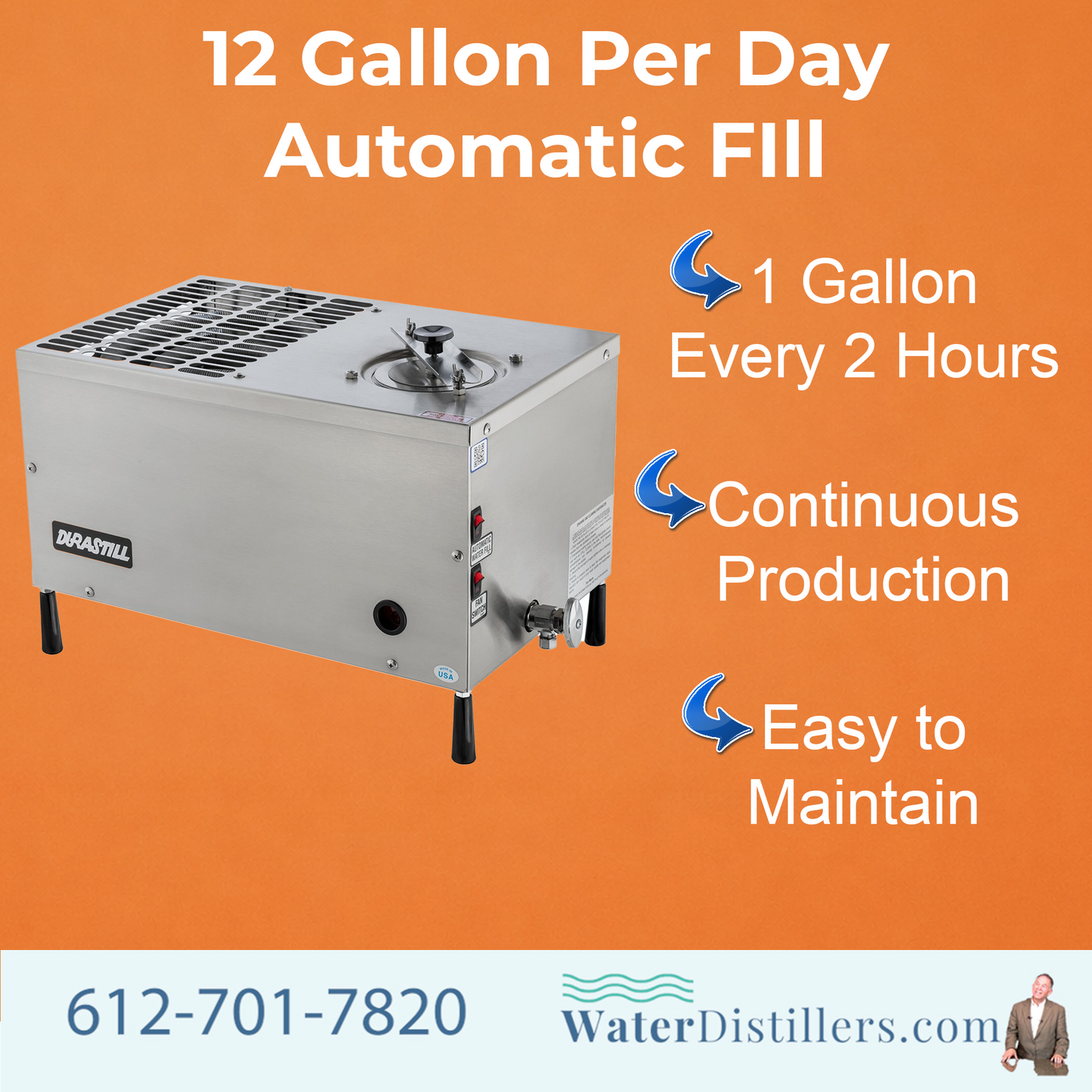 Durastill 4640 Automatic Water Distiller – 12 GPD System with 10 Gallon Storage Tank on Casters
