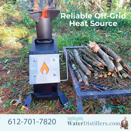 Rocket Stove for Non-Electric Emergency Water Distillation And Off-Grid Heat Source