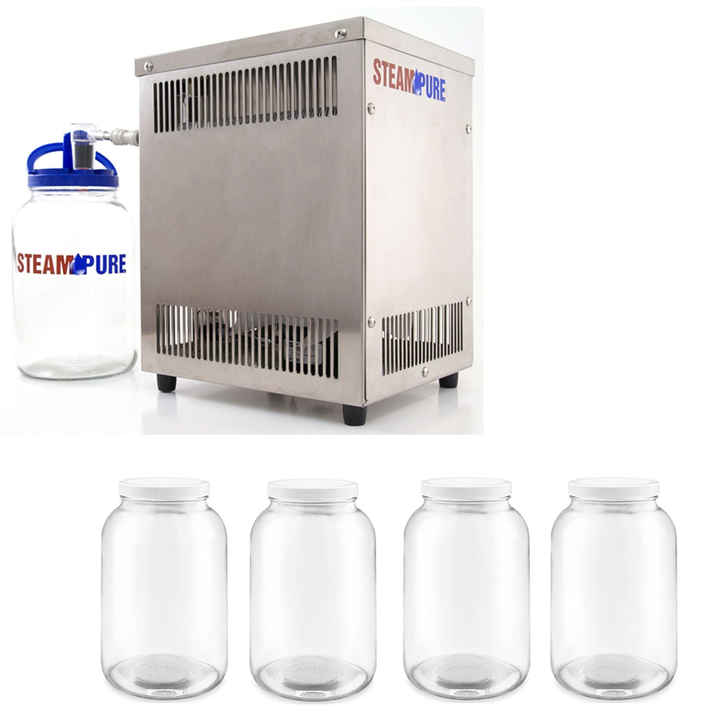 SteamPure Water Distiller Plus 4 Glass One Gallon Storage Bottles