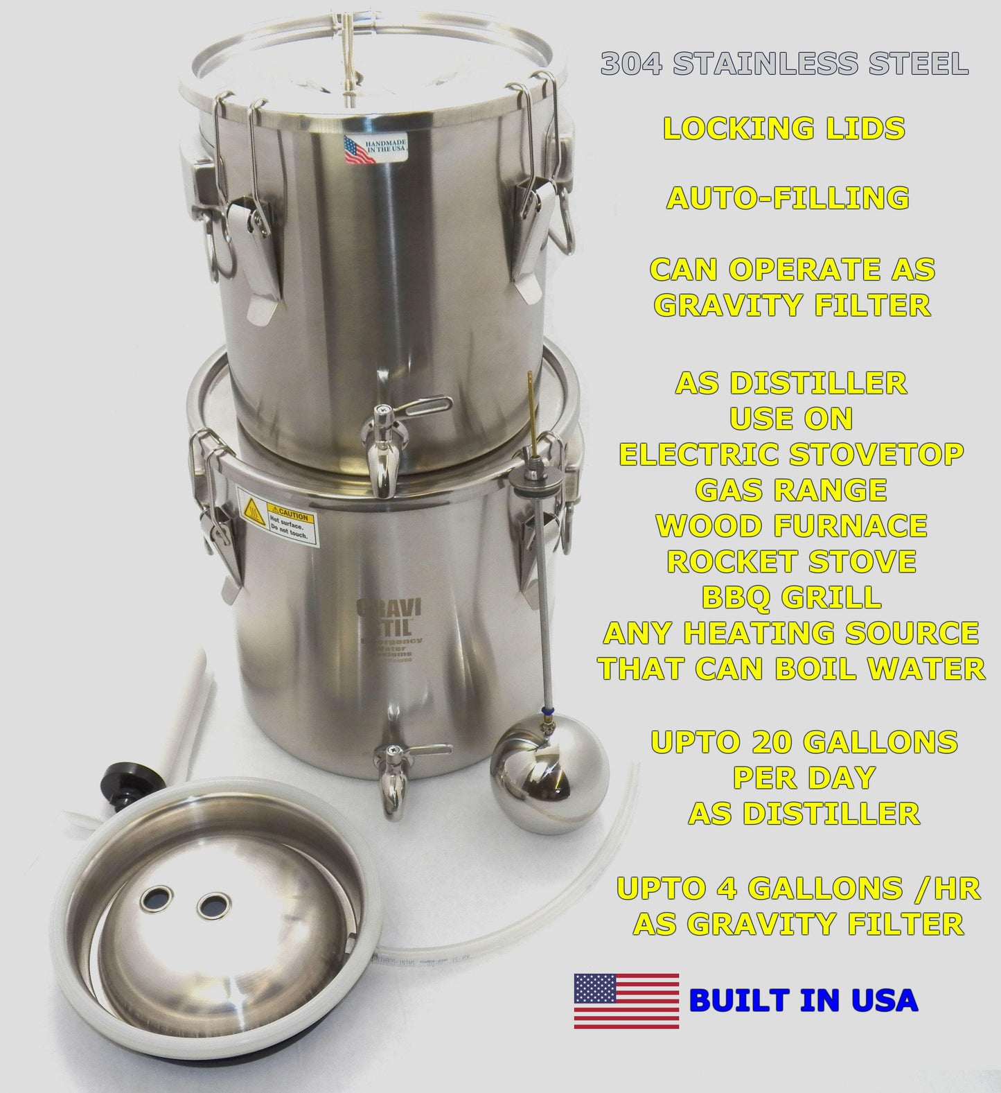 Emergency Survival Water Distiller Multi-Purpose Distiller and Gravity Filter Combination with Auto Fill Feature and Stainless Steel Drip Tube